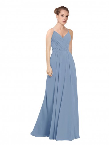 Staubiges Blau A-Linien V-Ausschnitt Chiffon Lange Brautjungfernkleider Verkäufer