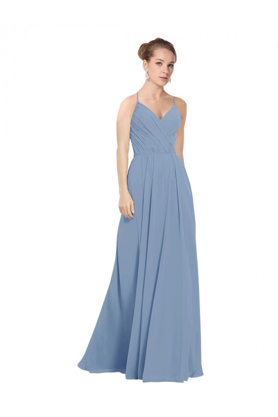 Staubiges Blau A-Linien V-Ausschnitt Chiffon Lange Brautjungfernkleider Verkäufer