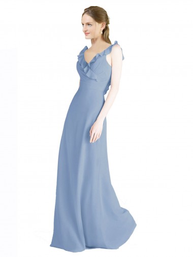 Staubiges Blau A-Linien V-Ausschnitt Chiffon Lange Brautjungfernkleider Verkäufer