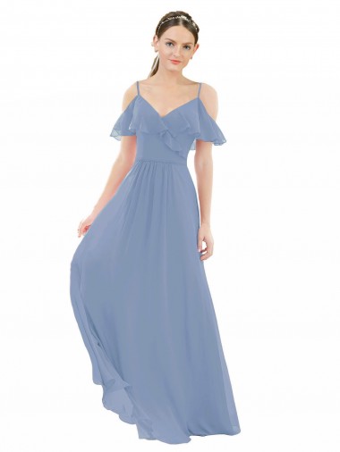 Staubiges Blau A-Linien V-Ausschnitt Chiffon Lange Brautjungfernkleider Verkäufer