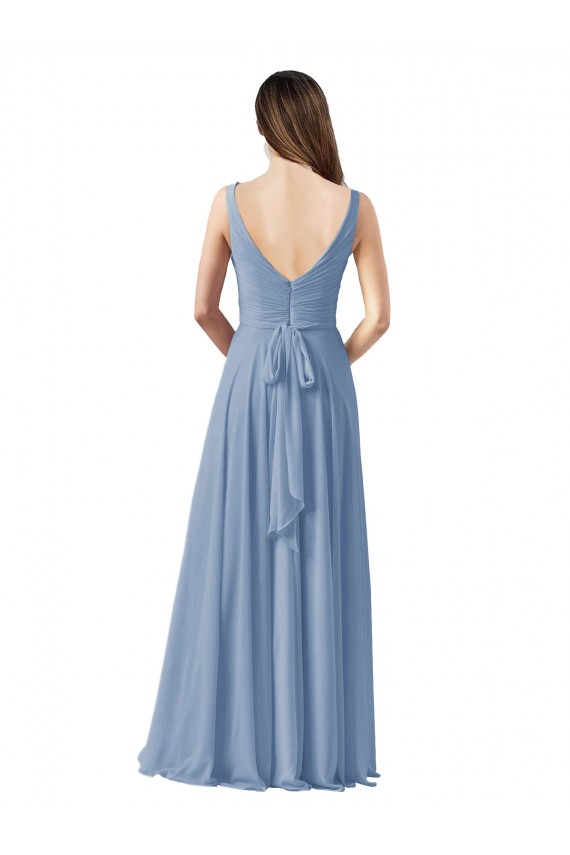 Staubiges Blau A-Linien V-Ausschnitt Chiffon Lange Brautjungfernkleider Verkäufer