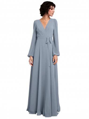 Staubiges Blau A-Linien V-Ausschnitt Chiffon Lange Brautjungfernkleider Verkäufer