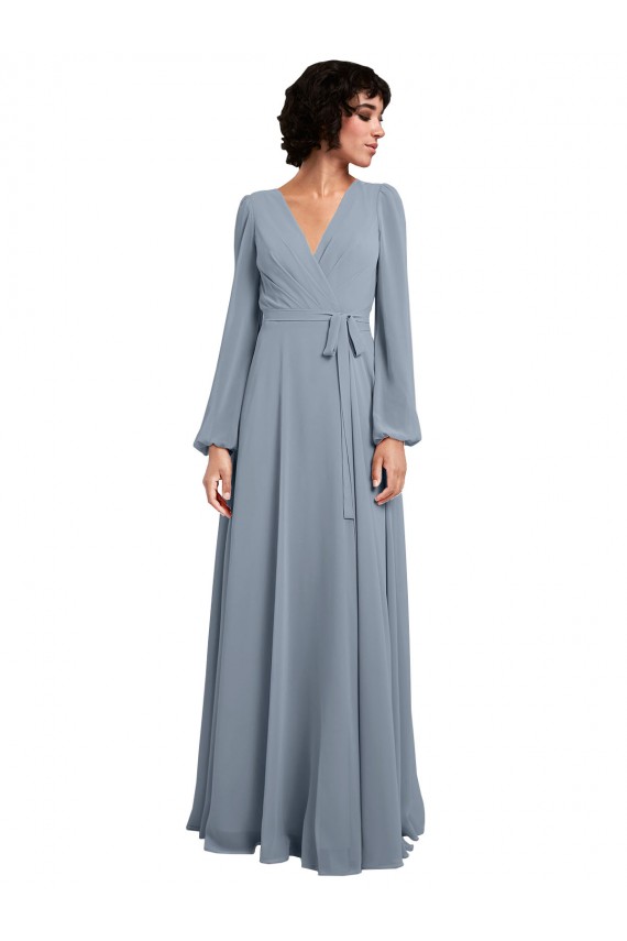Staubiges Blau A-Linien V-Ausschnitt Chiffon Lange Brautjungfernkleider Verkäufer