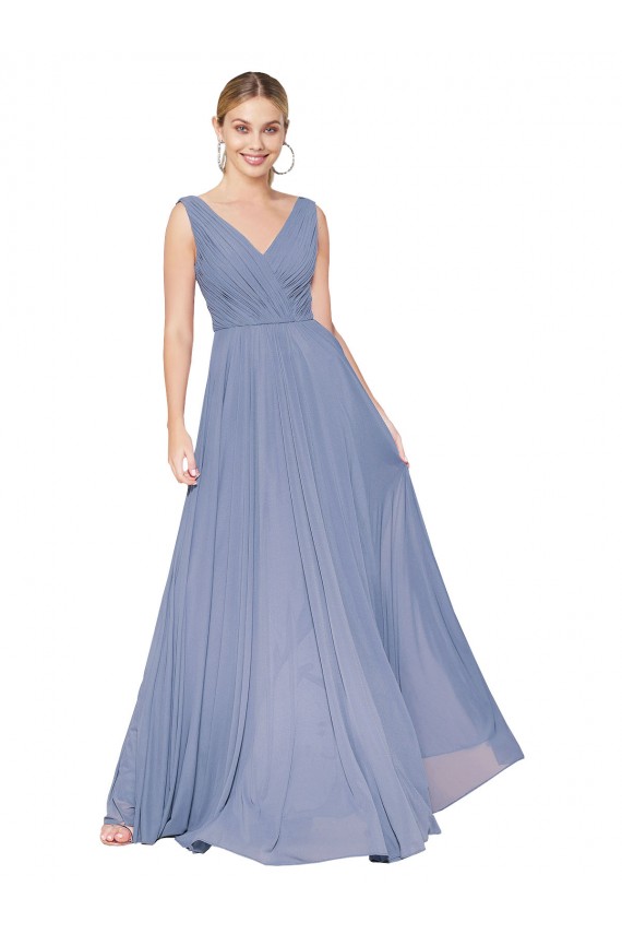 Staubiges Blau A-Linien V-Ausschnitt Chiffon Lange Formale Brautjungfernkleider / Abendkleider / Abiballkleider Verkäufer
