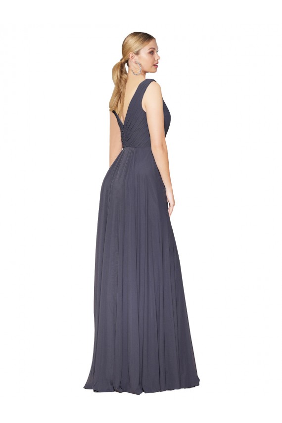 Staubiges Blau A-Linien V-Ausschnitt Chiffon Lange Formale Brautjungfernkleider / Abendkleider / Abiballkleider Verkäufer
