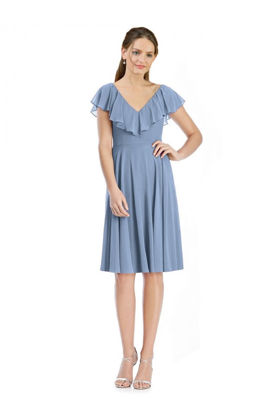 Staubiges Blau A-Linien V-Ausschnitt Knielang Cocktail Chiffon Kurze Brautjungfernkleider Verkäufer