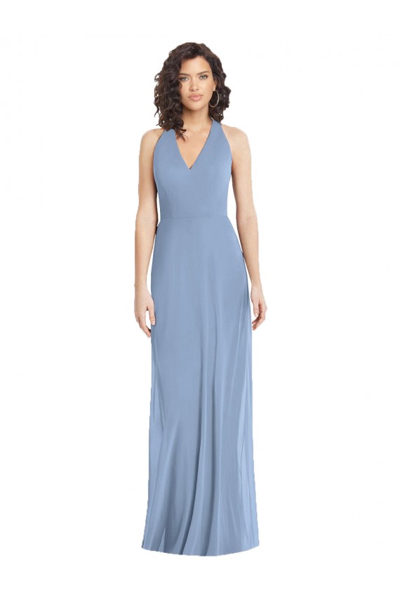Staubiges Blau Trompete Neckholder V-Ausschnitt Chiffon Lange Formale Brautjungfernkleider / Abendkleider Verkäufer