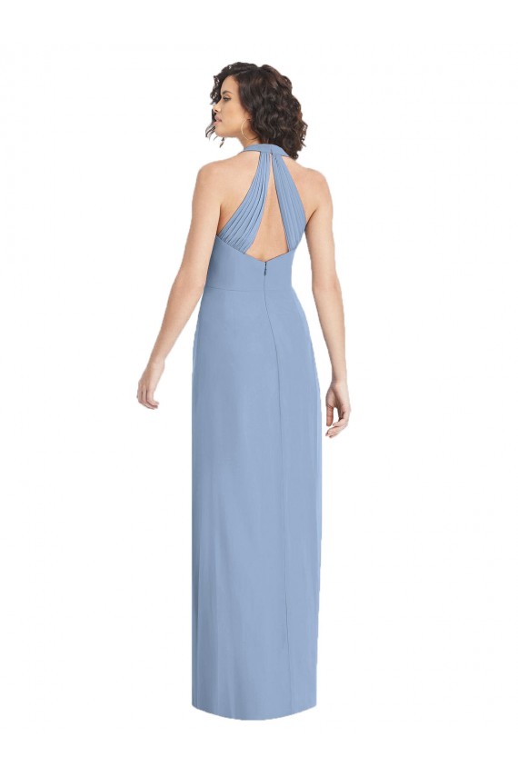 Staubiges Blau Trompete Neckholder V-Ausschnitt Chiffon Lange Formale Brautjungfernkleider / Abendkleider Verkäufer