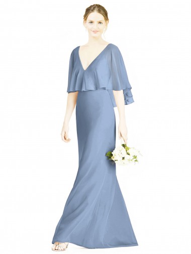 Staubiges Blau Trompete V-Ausschnitt Chiffon Lange Brautjungfernkleider Verkäufer
