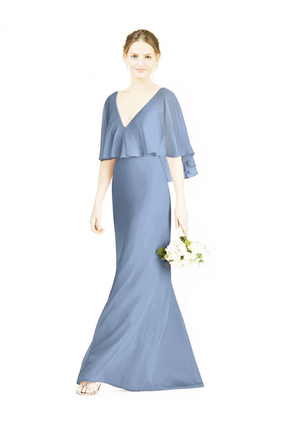 Staubiges Blau Trompete V-Ausschnitt Chiffon Lange Brautjungfernkleider Verkäufer